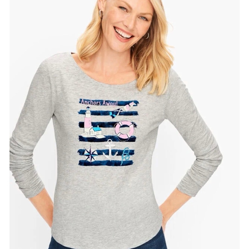 Talbots Anchors Aweigh Nautical Graphic Long Sleeve Tee Heather Gray Petite L